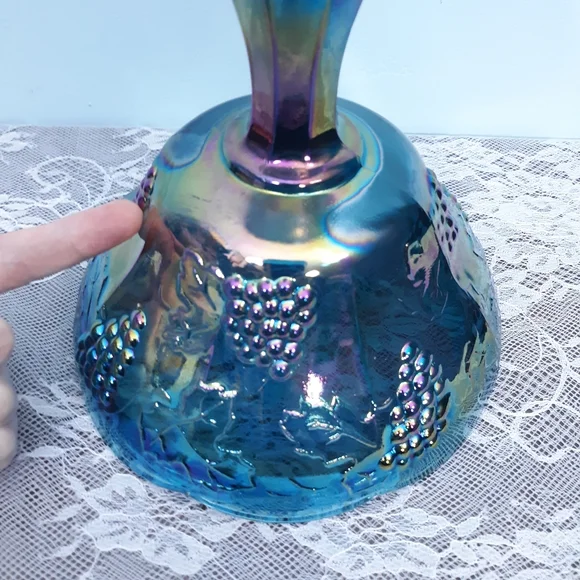 Indiana Blue Iridescent Carnival Glass Pedestal Compote Harvest Grape Purple Lid - Picture 4 of 16